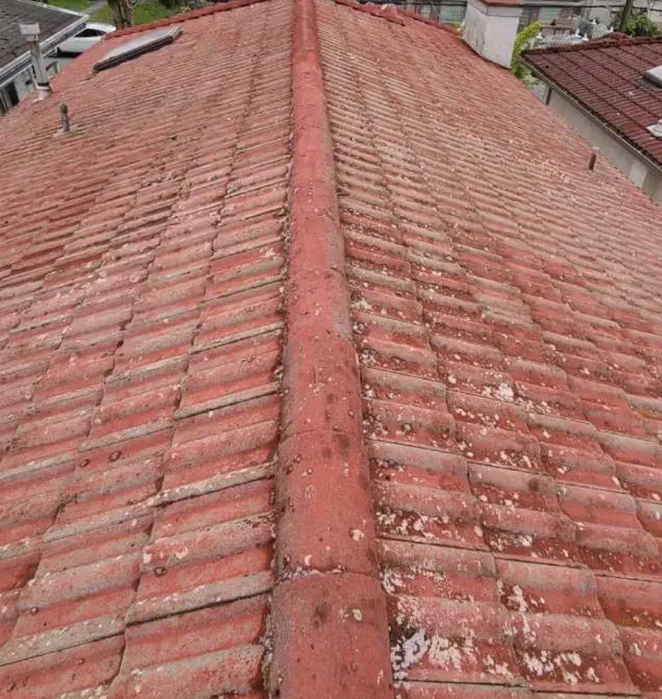 A cleared clay tile roof photographed down the ridge